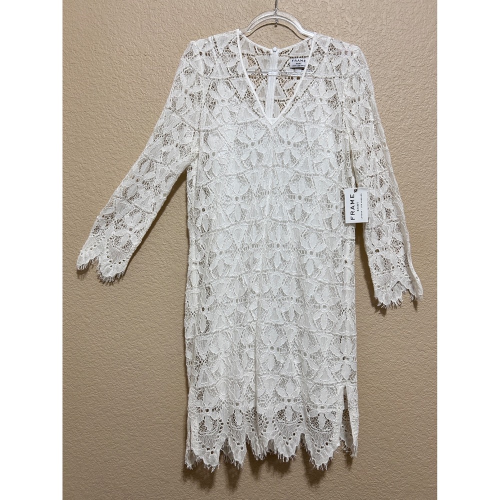 Frame Large Floral Lace V-Neck Dress Blanc White Romantic Bridal Boho LWSH0179